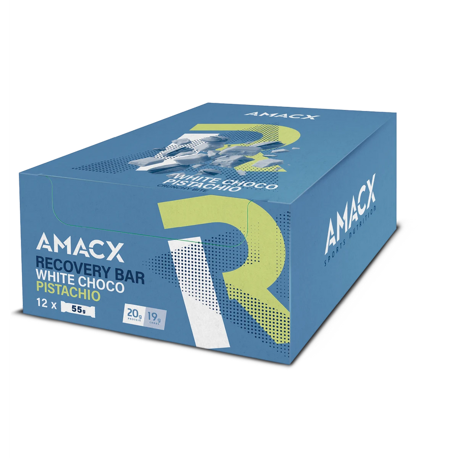 Barritas Recuperación Amacx Recovery Bar Chocolate Blanco Pistacho Caja 12uds Azul