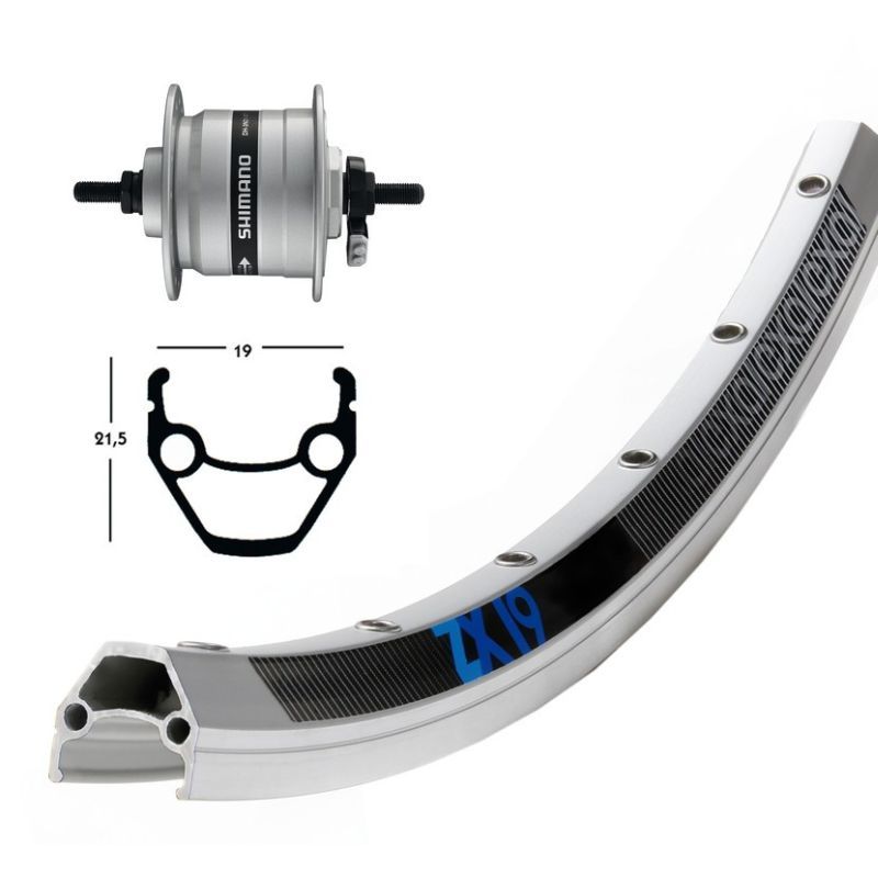 Rueda Delantera Exal ZX19 Eje Macizo Buje Dinamo Shimano DH3N30 Plata