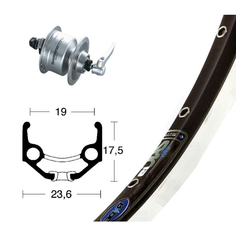 Rueda Delantera ZAC19 Cierre Rápido Buje Dinamo Shimano DH3N72 Aluminio Negro/Plata